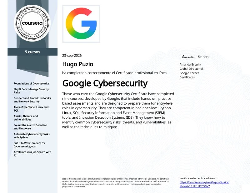 Google Cybersecurity certificate issued to Hugo Puzio
